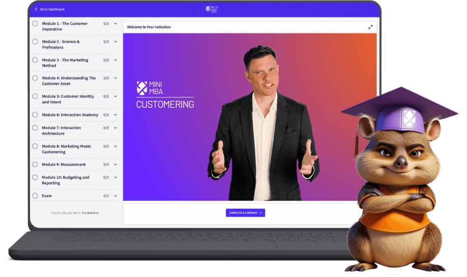 Laptop computer showing a screenshot of online learning, alongside cartoon of Field bell Mascot Quentin the Quokka