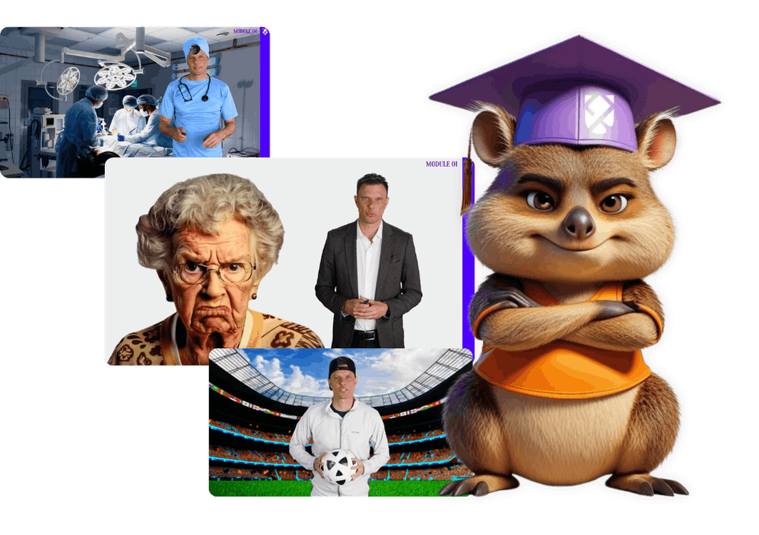 Field Bell mascot in a graduation cap beside preview thumbnails from three different course modules: a surgeon in an operating theatre, a stern woman with a presenter, and a man holding a football in a stadium